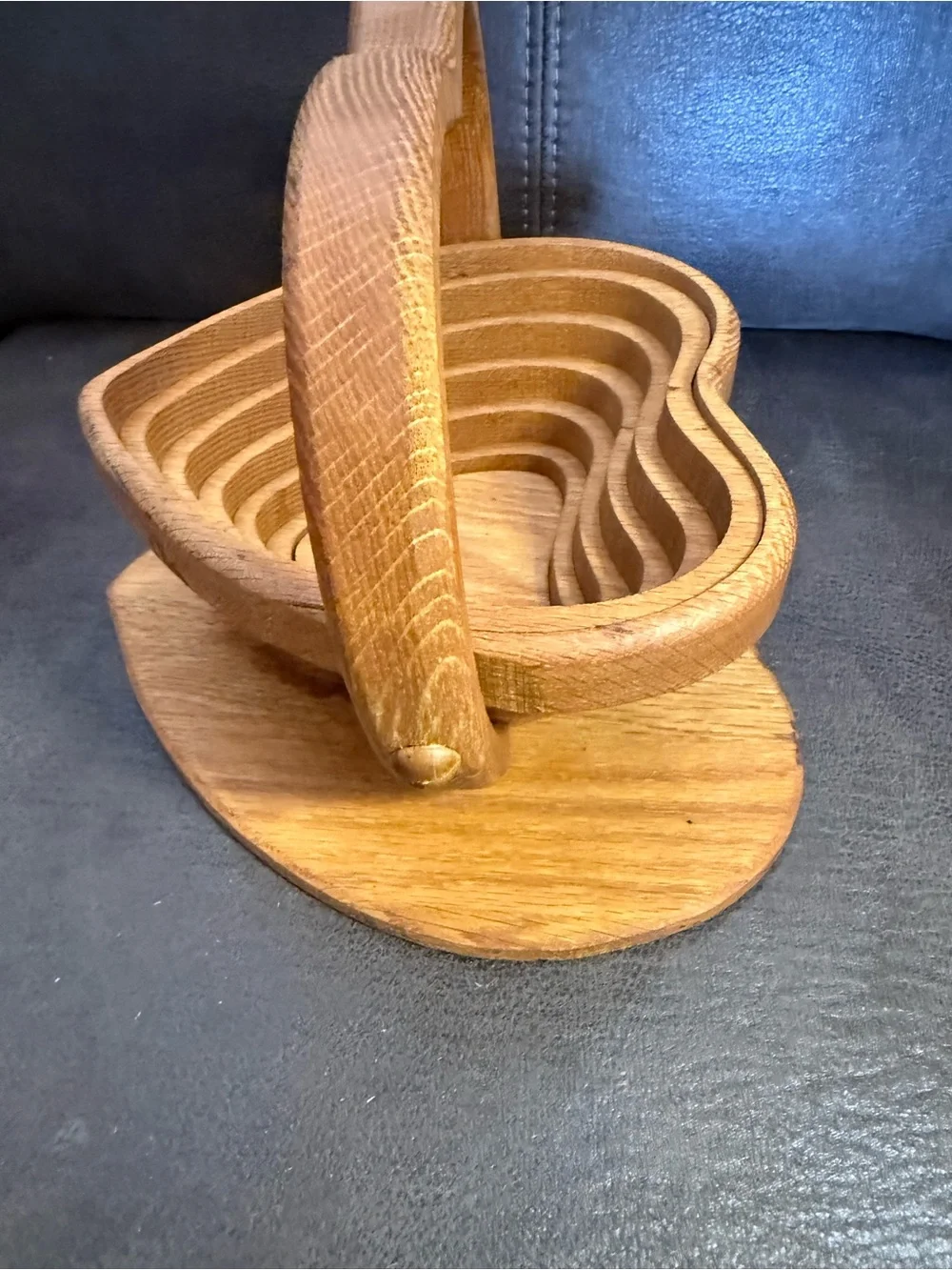 Vtg Heart Shape Basket/Bowl Collapsible HandMade Oak Wooden Decor 10”